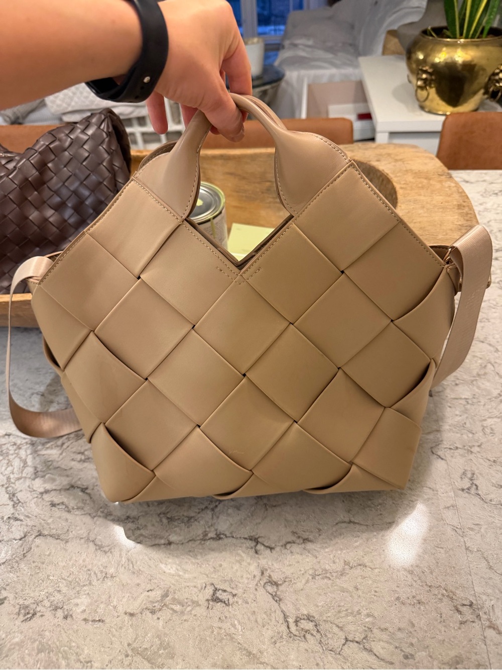 Woven Crossbody Handbag in Tan - Contemporary Women's Shoulder Bag